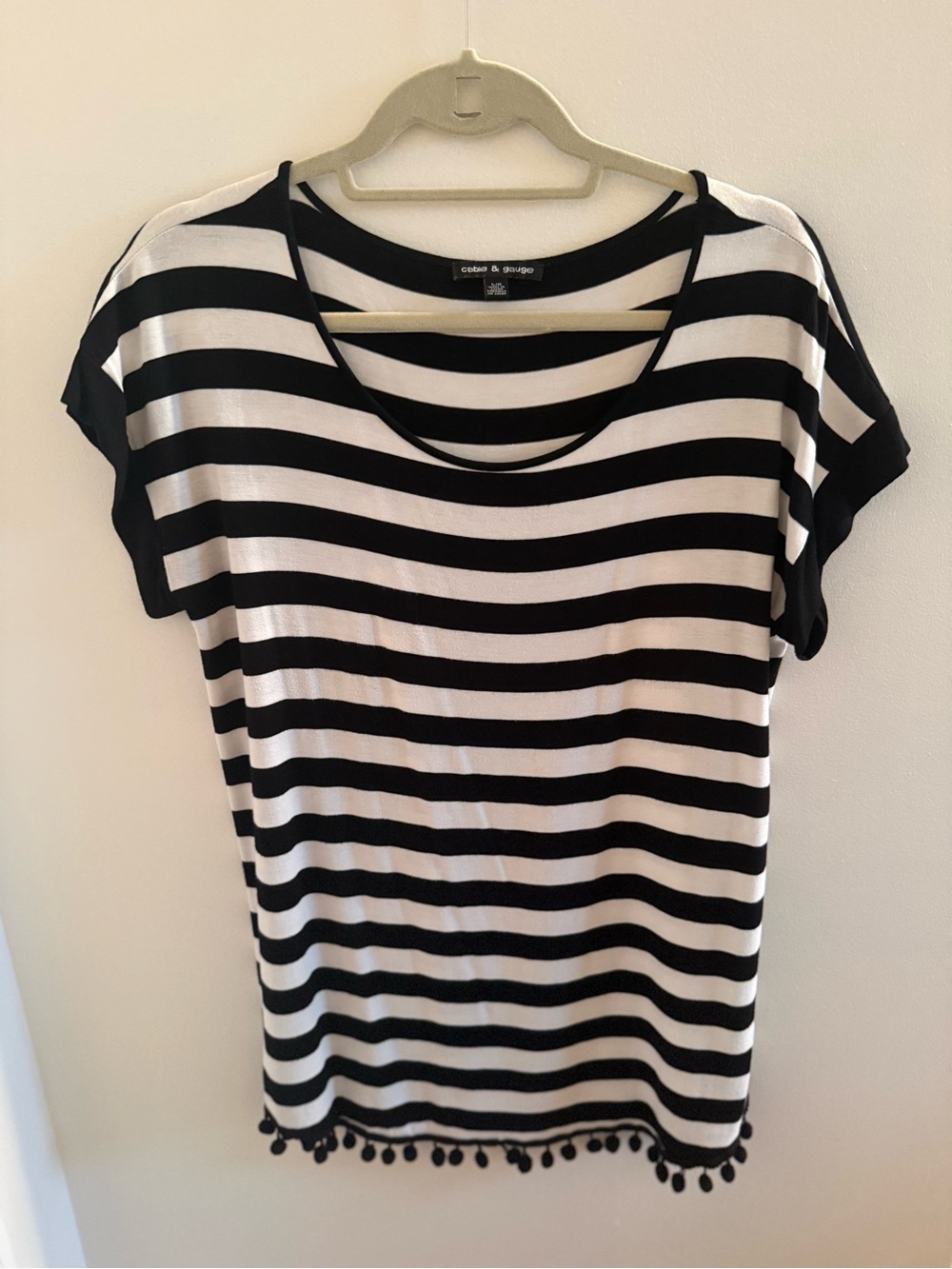 Women’s Black & White Striped Short Sleeve Top with Pom Trim